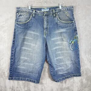 Vintage 90s Miskeen Originals Baggy Robot Denim Shorts Mens 40 Streetwear Cyber